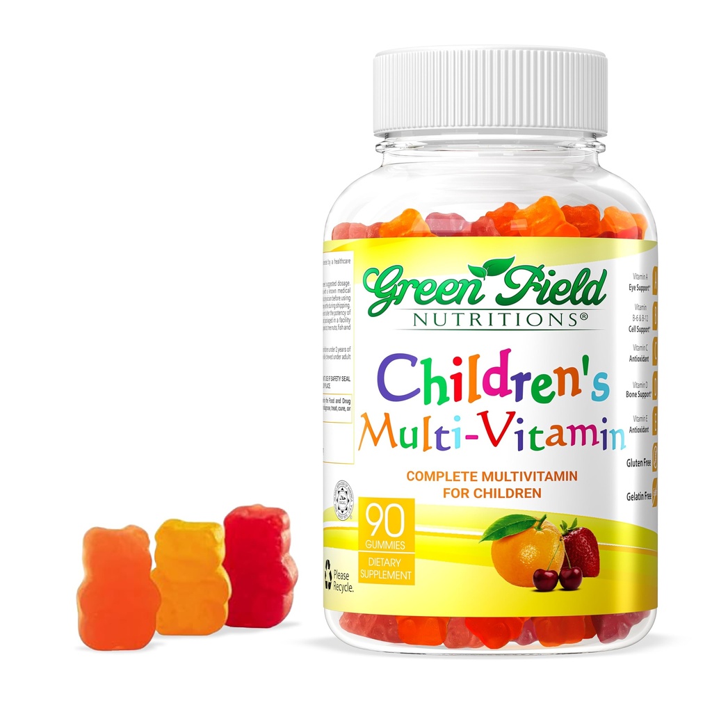 Greenfield Nutritions Kids Gelatin Free Halal Multivitamin Gummies - 모든 필수 할랄 비타민 A, B, C, D, Iodine, Immunity, Non-GMO, 어린이 Halal 비타민 Gummies (90 개)