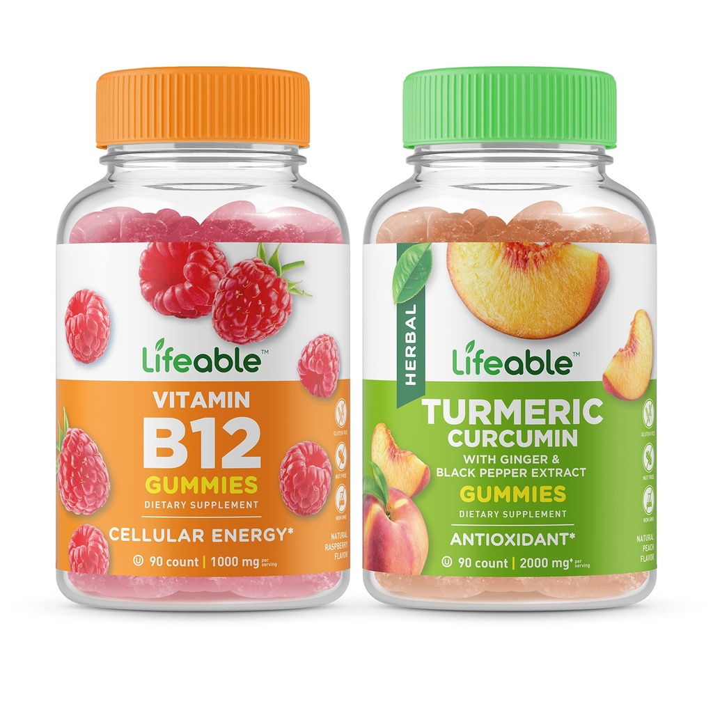 Lifeable Vitamin B12 + Turmeric Curcumin, Gummies Bundle - 훌륭한 타스팅, 비타민 보충, 글루텐 무료, GMO 무료, Chewable
