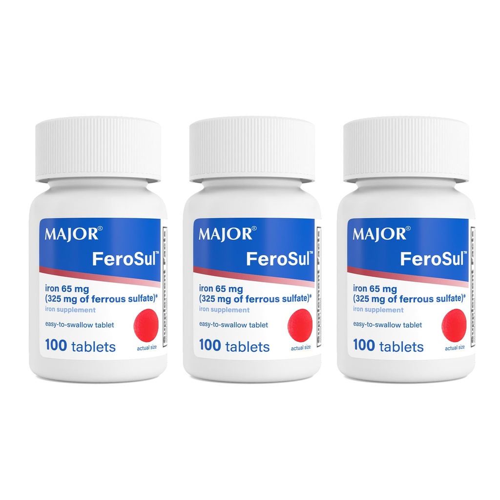 MAJOR Ferosul - 성분 철의 65mg을 가진 철 황산염 325mg 정제 - 여자를 위한 철 보충교재, 남자 - 빨강 - 100개의 정제 (3 팩)