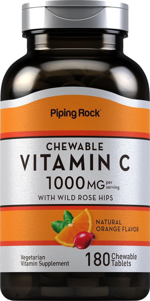 Piping Rock Vitamin C Chewable 1000mg | 180 정제 | 오렌지 맛 | 채식주의, 비 GMO, 글루텐 무료 보충