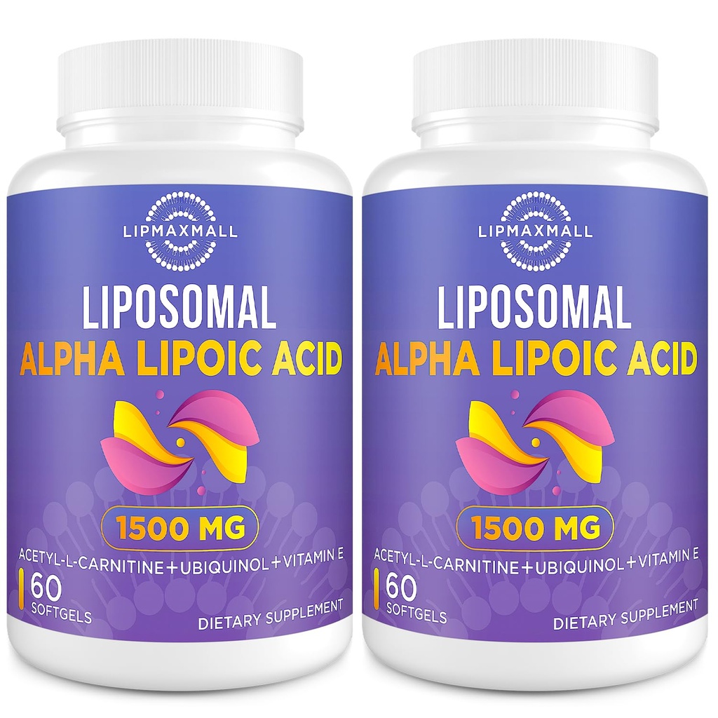 Liposomal 알파 Lipoic 산 1500mg - 아세틸 L 카르니틴 900mg & Ubiquinol 100mg & 비타민 E 15mg의 항 산화제 포도당 Metabolism Nerve 에너지를 위한 ALA 보충교재, 60 Softgels (2 병)