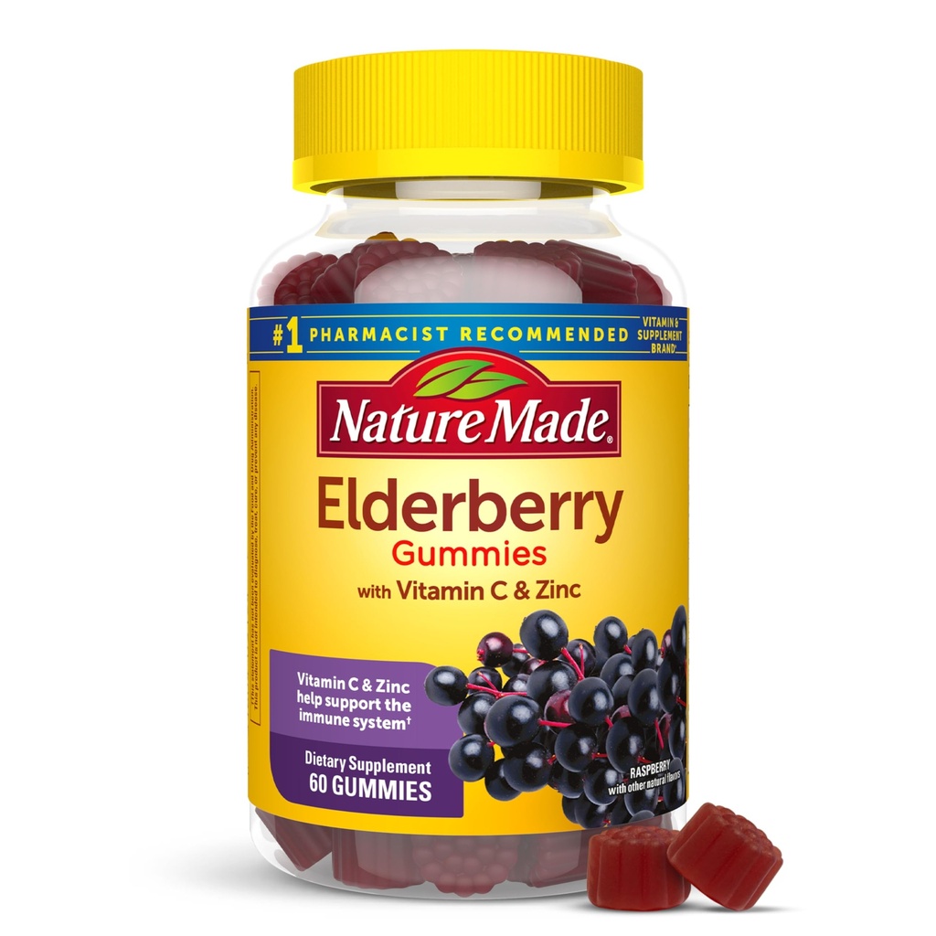 Nature Made Elderberry with Vitamin C 및 아연, 면역 지원, 60 Elderberry Gummies, 30 일 공급을위한 다이어트 보충
