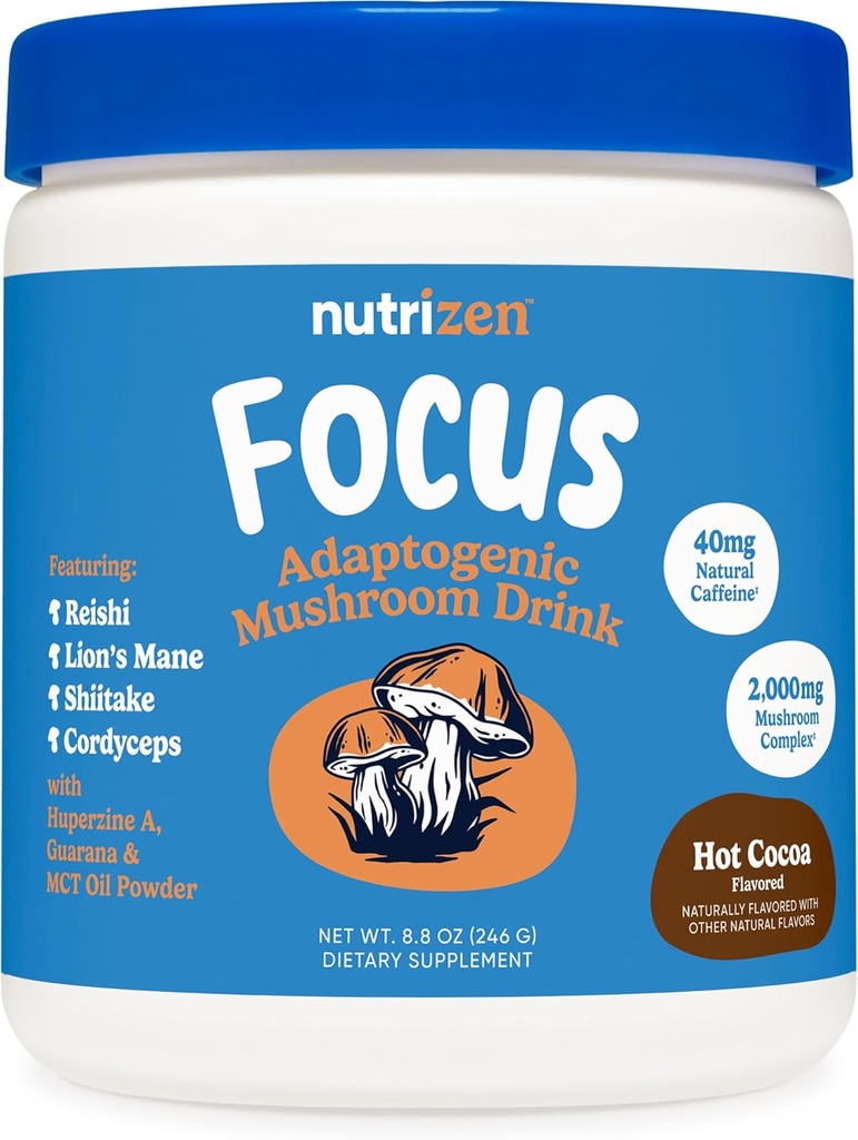 Nutricost Nutrizen AM 초점 Adaptogenic 버섯 음료 (뜨거운 코코아 맛) 30 서빙 - Reishi, Lion's Mane, Shiitake, Cordyceps 포함