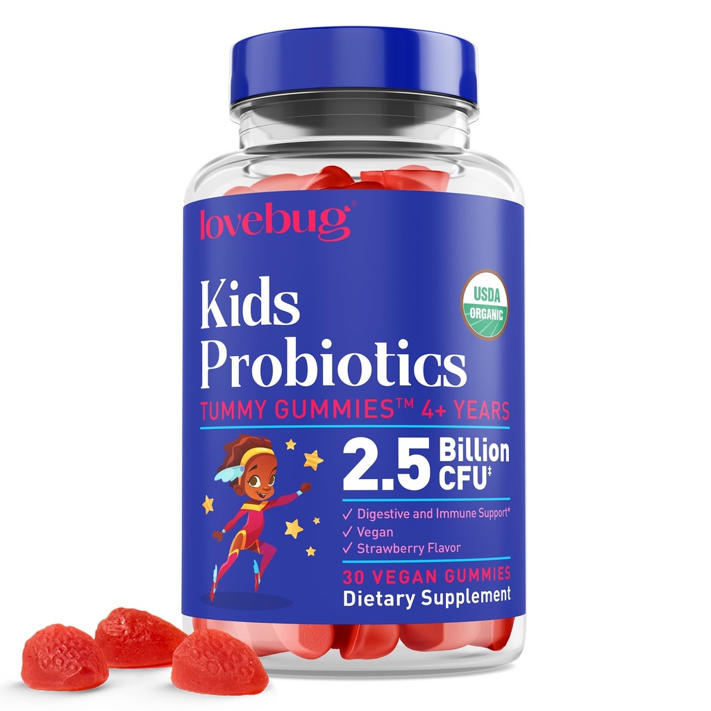 LOVEBUG Kids Probiotic Gummies – 아이를 위한 유기 Chewable Probiotics Aged 4+, Gut Health, Constipation, Digestive & Immune 지원, Vegan, 30 Chews, Strawberry를 위한 Soil 근거한 아이들의 Probiotics