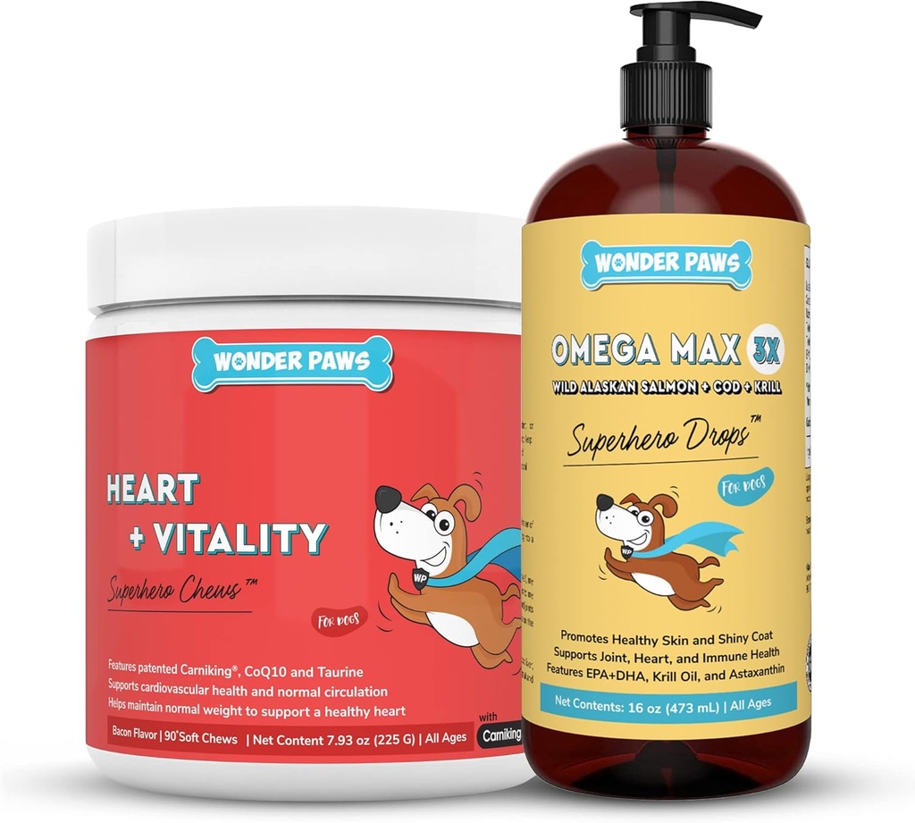 WONDER PAWS Heart + Vitality Superhero Chews Plus Omega Max Fish Oil - 개 심장 건강, 피부 및 관절 관리 및 면역 지원 - 하트 + 활력 90 Chews - 오메가 최대 16 온스