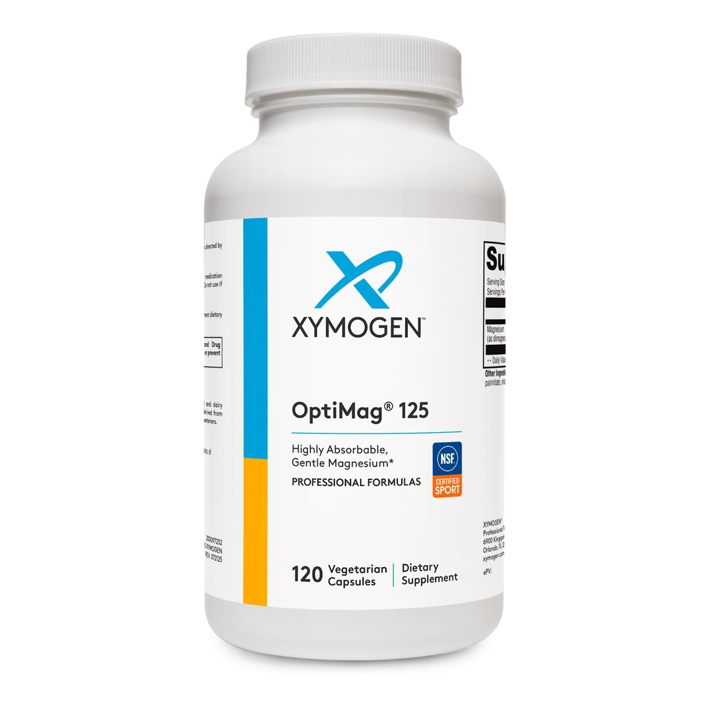 XYMOGEN OptiMag 125 - Di-Magnesium Malate와 마그네슘 보충 & 글리세라이드는 Nerve, 근육, 뼈 건강 + 심장 건강 (120 캡슐) 지원에 Lysinate