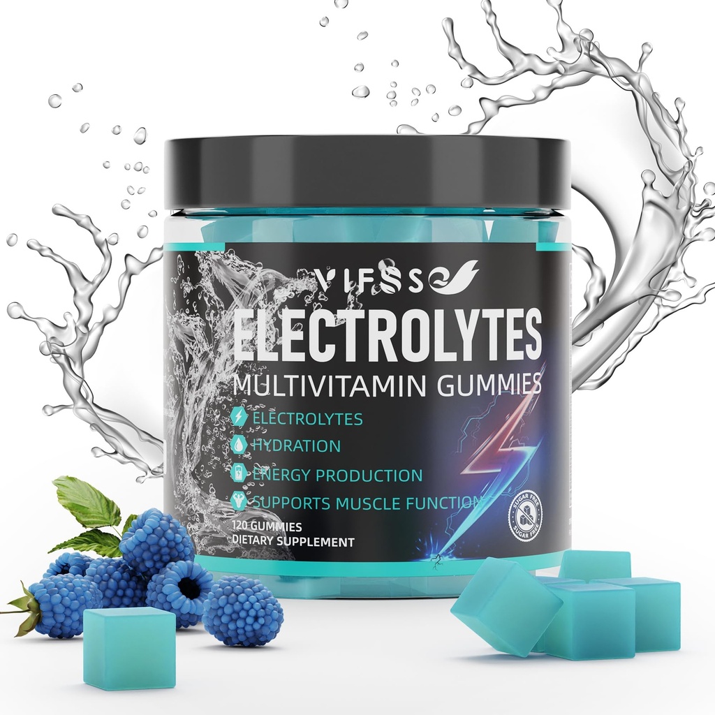 Electrolytes Gummies No Sugar, 120 Chewable Electrolyte Gummies with 6 Electrolytes for Runners and Endurance Sports, 새로 고침 Blue Raspberry, Hydration Electrolyte Chews, 1 팩
