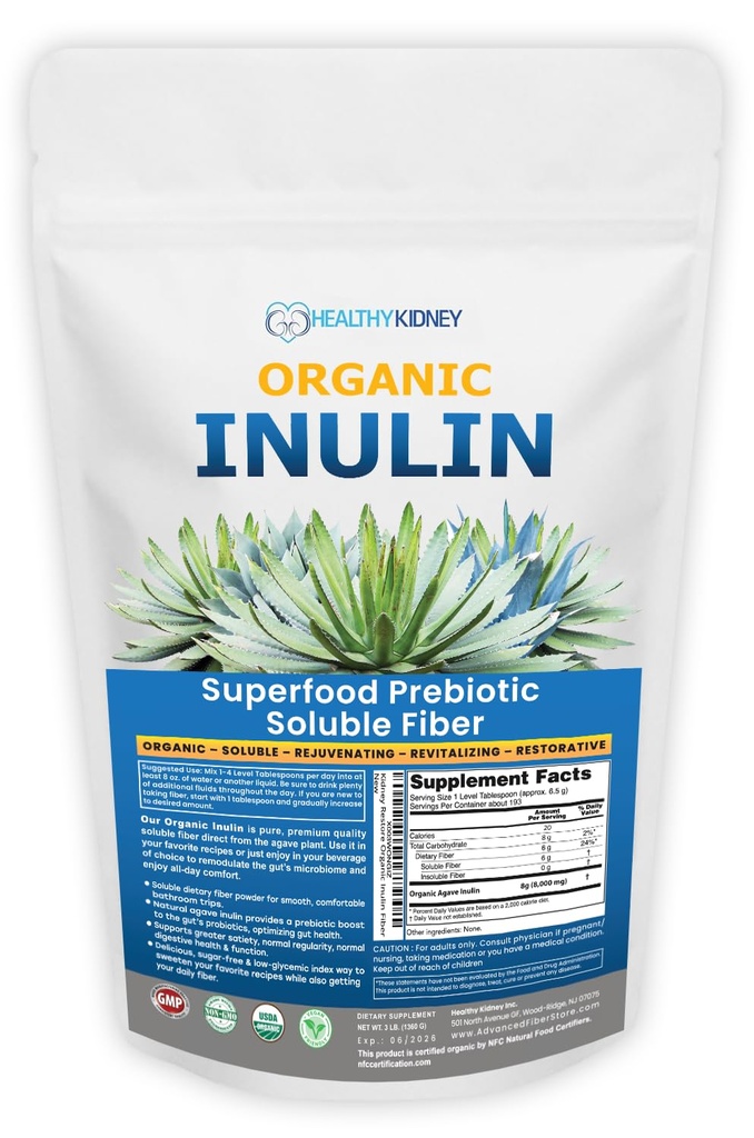 유기 Inulin 분말 (48oz/3 lbs) 소화 지원, Gut 건강, Vegan Baking, Smoothies & 음료를 위한 Gentle Agave Prebiotic Soluble 섬유 보충교재