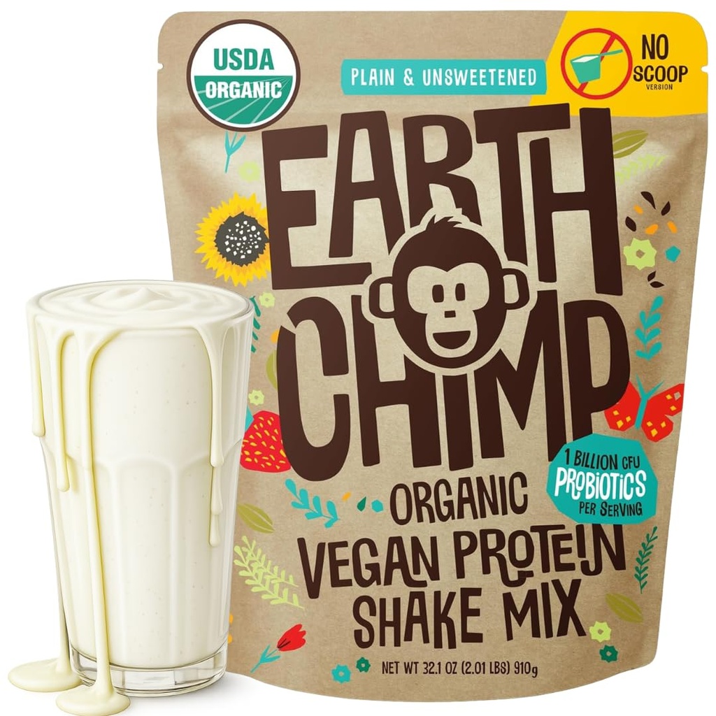 EarthChimp Organic Vegan Protein Powder - Probiotics - Non GMO, Dairy Free, Non Whey, 여성 및 남성을위한 식물 기반 단백질 분말, 글루텐 무료 - 26 서빙 32 Oz (Plain & Unsweetened) Scoop 없음