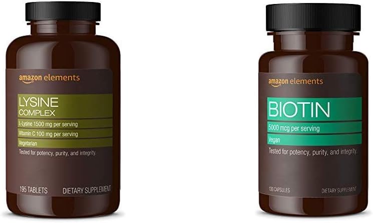 성분은 비타민 C (1500 mg L-Lysine 와 100 mg 비타민 C 서빙 당 - 3 정제), 지원 면역성 건강, 채식주의, 195 조사 (포장은 다를지도 모릅니다) 및 성분 Vegan Biotin 5000 mcg - 머리, 피부, 못, 130 캡슐 (4 달 공급) (포장은 다를지도 모릅니다)를 가진 리진 복합체