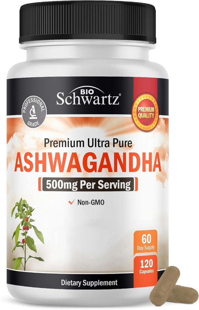 BioSchwartz Ashwagandha 보충 교재 - 봉사 당 여분 힘 Ashwagandha 캡슐 500mg - Gluten 무료, 비 GMO, Globally Sourced 성분을 가진 미국에서 만드는, 60의 서빙 (120의 조사)