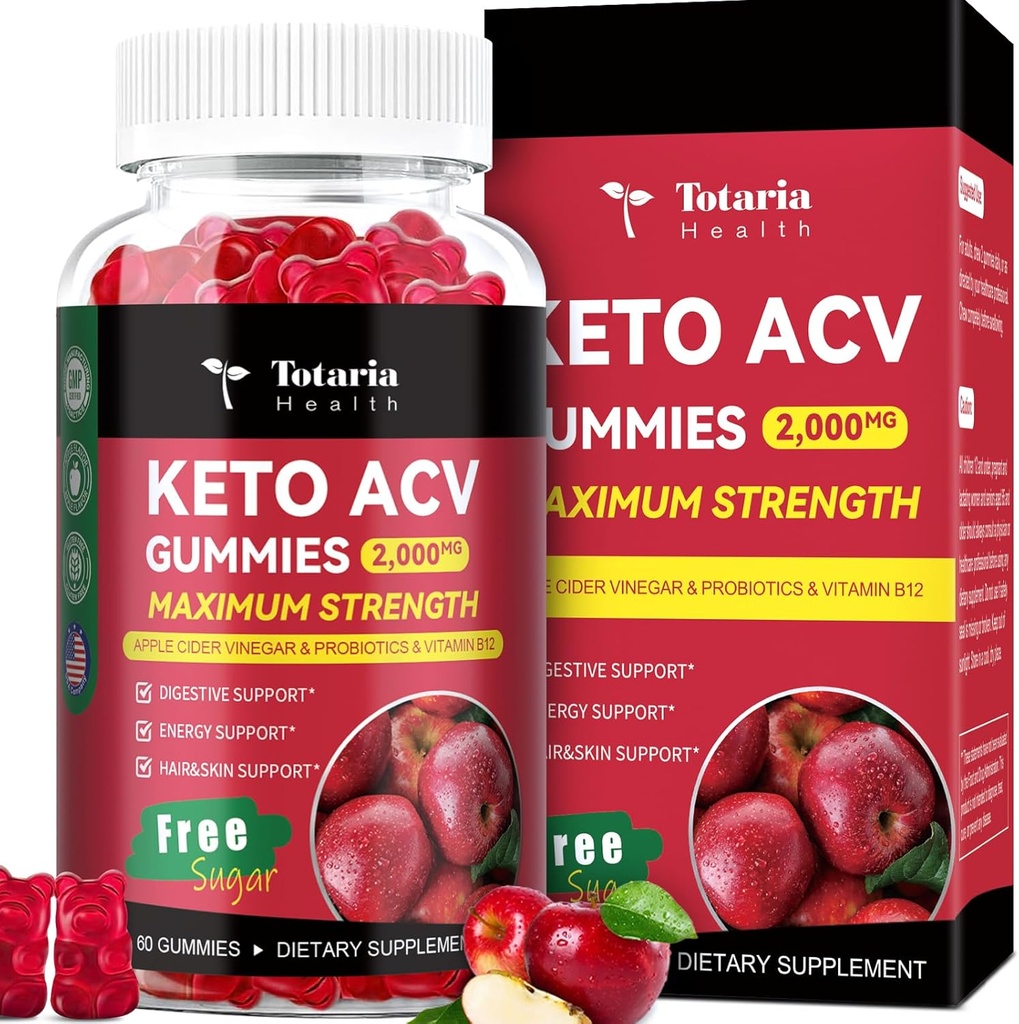 Totaria Keto ACV Gummies - 2000mg Apple Cider Vinegar Gummies Sugar-Free Support Stature Health with Probiotics, B12, 여성 및 남성용 케토 보충제 60 개