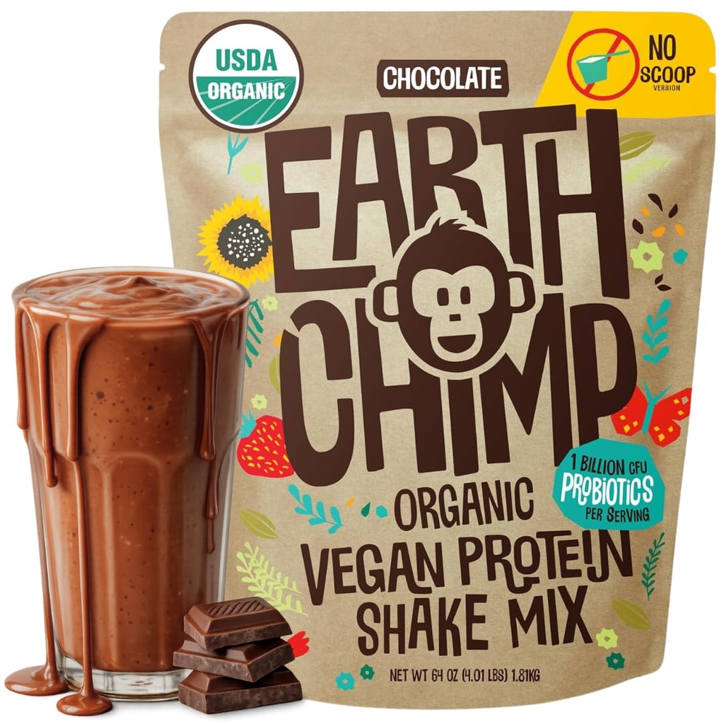 EarthChimp Organic Vegan Protein Powder - Probiotics - Non GMO, Dairy Free, Non Whey, 여성 및 남성을위한 식물 기반 단백질 분말, 글루텐 무료 - 52 서빙 64 Oz (Chocolate) Scoop 없음