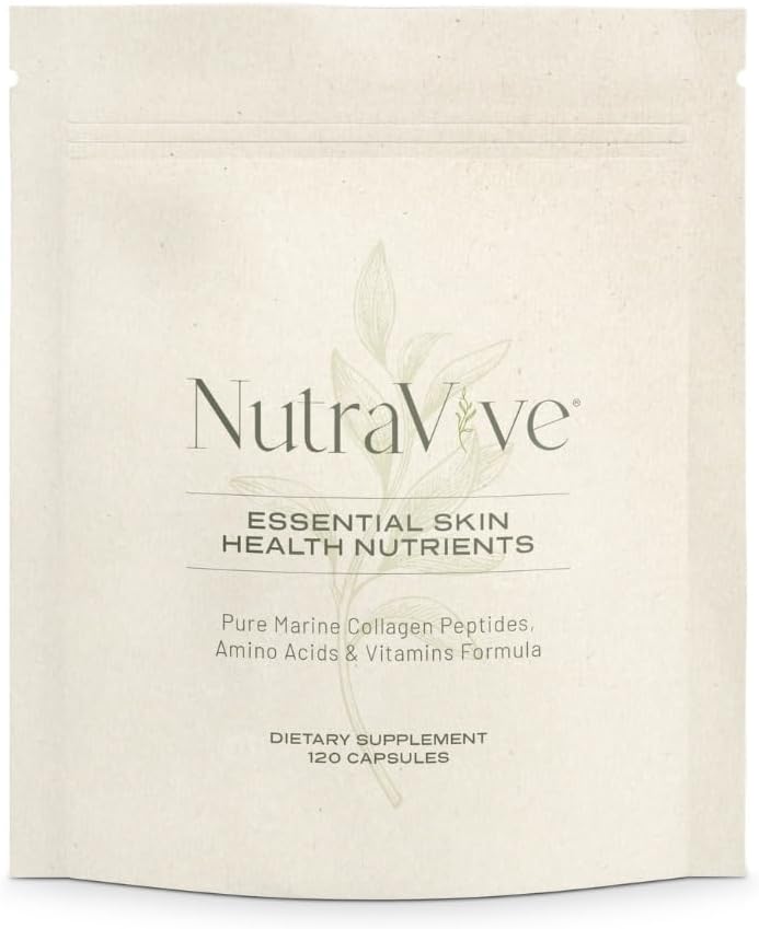 NutraVive Essential Skin Health Nutrients – Hydrolyzed Morikol® Marine Collagen Peptides, Amino Acids & Vitamins - 승진 펌웨어, 주름 감소 및 피부 탄력성 향상 - 120 캡슐