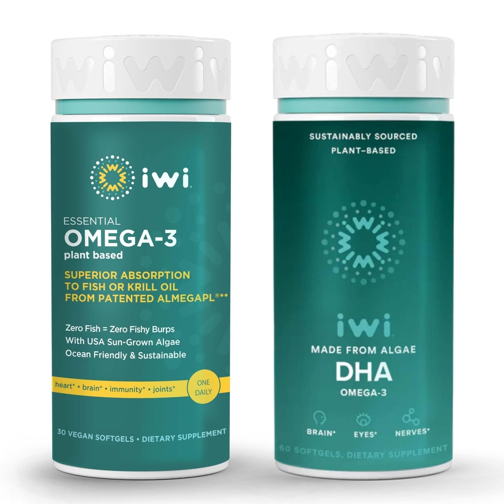 Iwi Omega-3 Essential & DHA Omega-3 번들, 30 서빙, Vegan Plant 기반 조류 오메가 3, Krill & Fish Oil Alternative, No Fishy Aftertaste