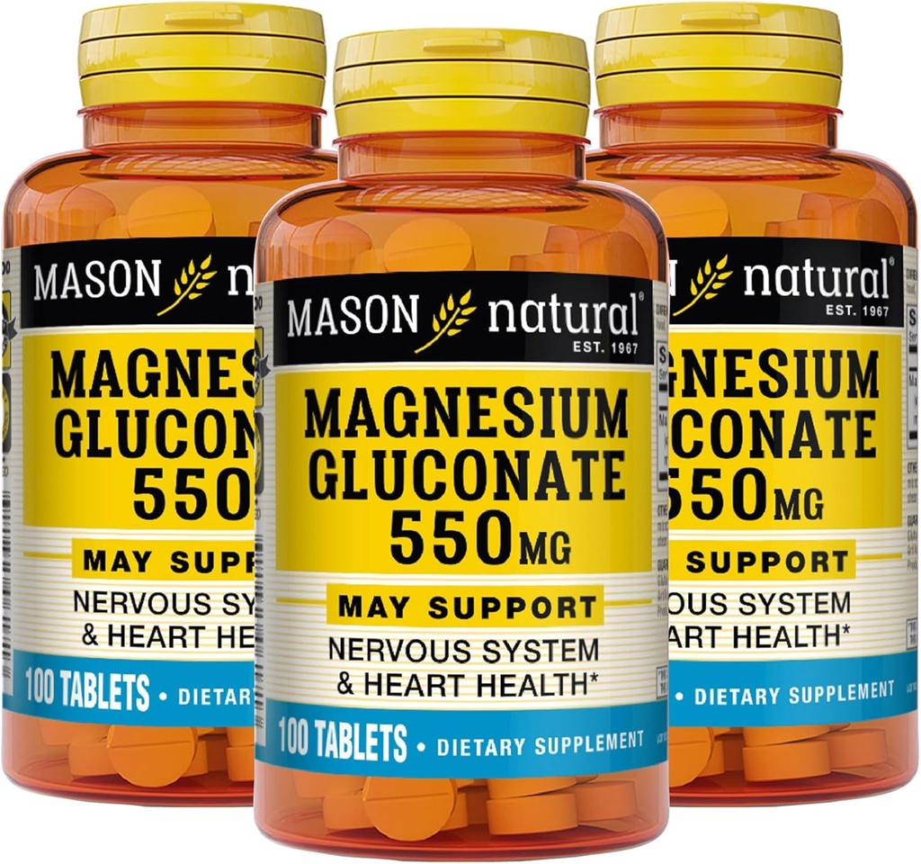 Mason 자연적인 마그네슘 Gluconate 550 mg, 정상적인 건강한 심장 및 신경 체계 지원을 위한 300 일 공급, 100개의 정제 (포장 3)