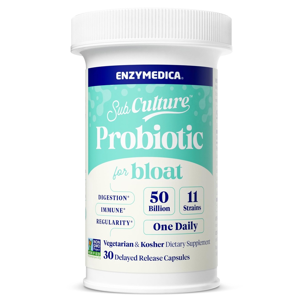 Enzymedica SubCulture Probiotics for Gas & Bloating, 50 Billion CFU, Immune & Digestive Health, 일반 및 Gut Flora, 30 카운트 지원