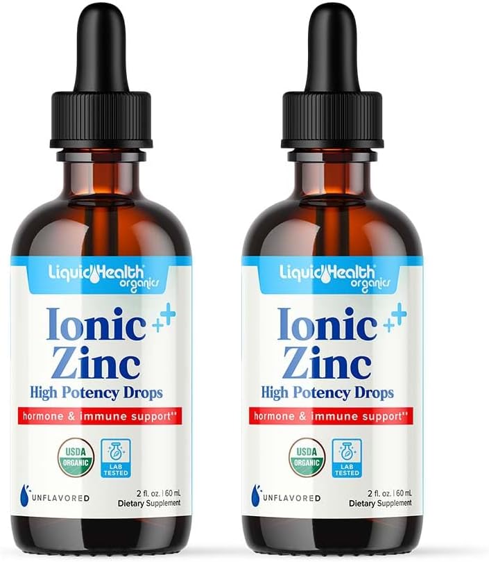 LIQUIDHEALTH USDA 유기 이오니아 아연 높은 힘 하락 - 성인, 아이를 위한 추적 무기물 액체 비타민 보충교재 - Immune & 소화 지원, 피부 & 부상 건강 - 미국은, 비 GMO (2 팩) 만들었습니다