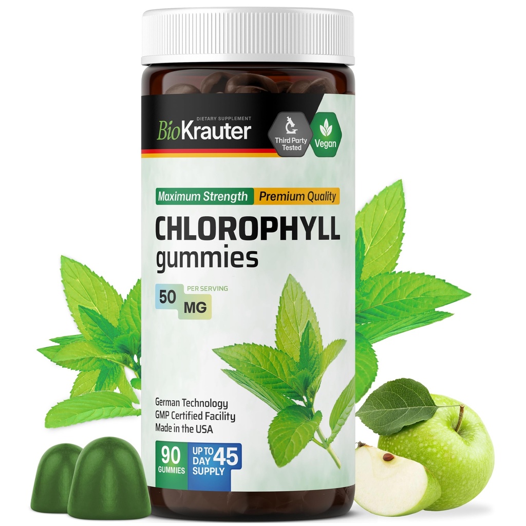 BIO KRAUTER Chlorophyll Gummies - 90 Chews - Chlorophyll 보충교재 - 자연적인 피부 & Detox 지원 - Vegan, Pectin 근거한, 비 GMOs Chews