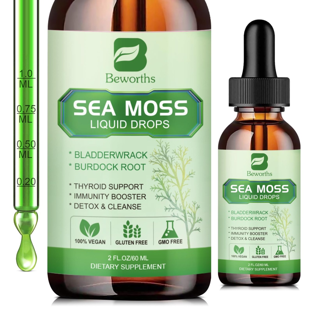 Sea Moss Liquid Drops - Spirulina, Bladderwrack, Burdock Root, Seamoss Gel Supplement for Joint, Detox Cleanse & Digestion Support - 2 Fl Oz, Vegan