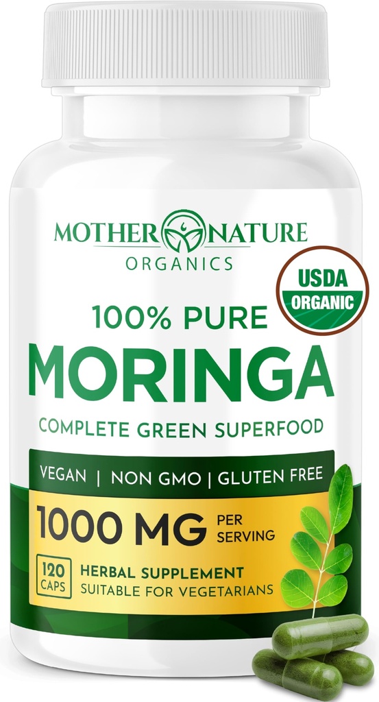 어머니 자연 유기 Moringa 캡슐 – 유기 Moringa 잎 분말, 단일 원산지, 에너지 및 면역 지원, Metabolism, 초점, 비타민 C – Vegan, 500mg, 120 캡슐
