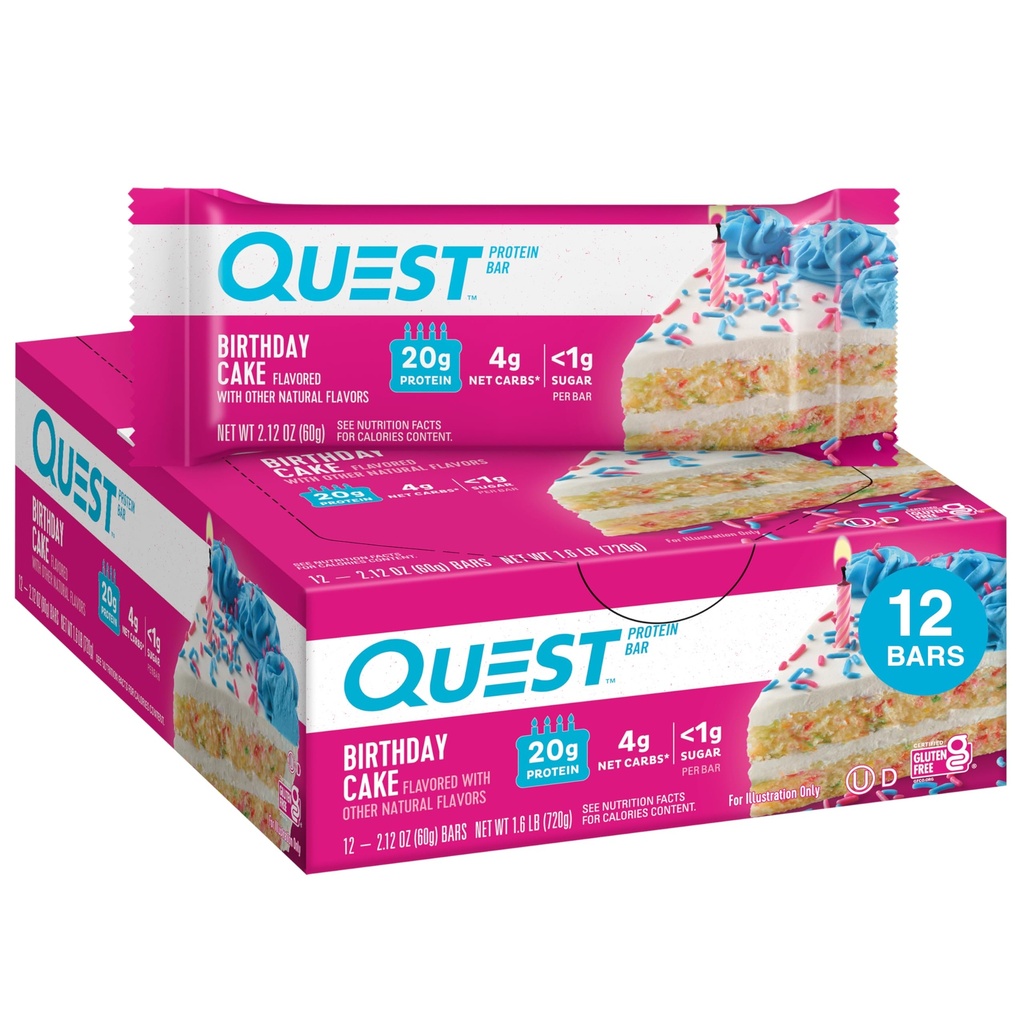 Quest Nutrition Birthday Cake Protein Bar, 20g Protein, 1g Sugar, 4g Net Carbs, 글루텐 프리, 케토 친절, 12 개