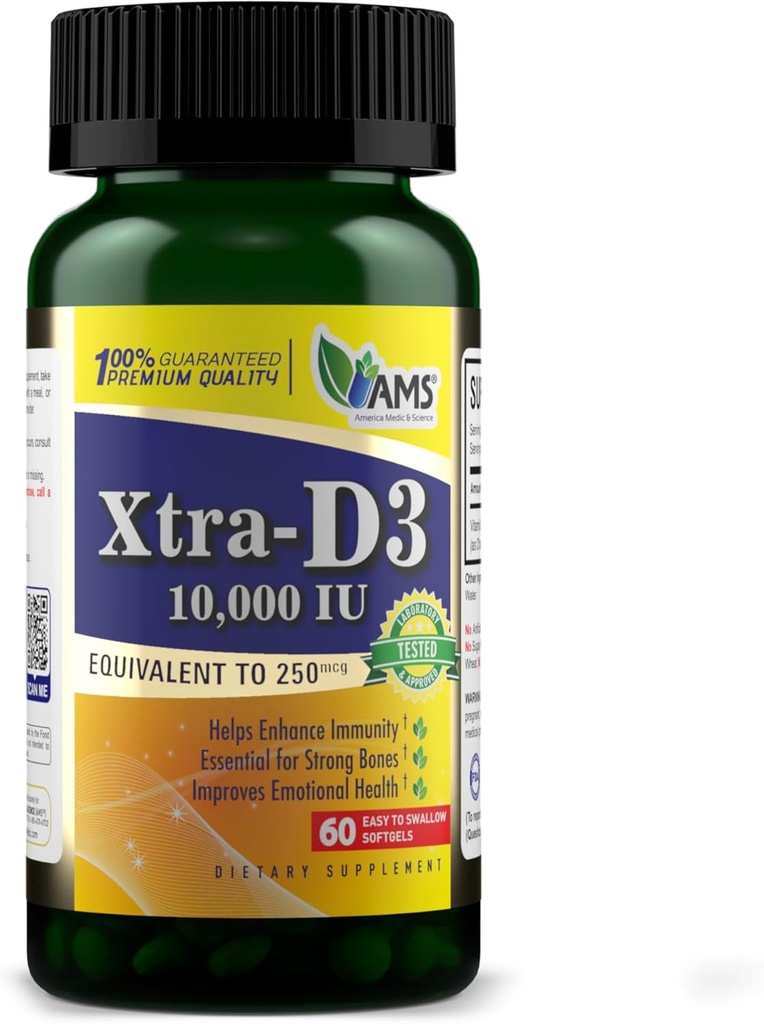 미국 Medic & 과학 Xtra D3 비타민 D 10,000 IU (250 mcg) 남자 & 여자를 위한 Cholecalciferol 보충교재 (60 쉬운 삼키기 Softgels) Bone를 위해, 심장 건강, 면역 체계 지원, Lung 기능