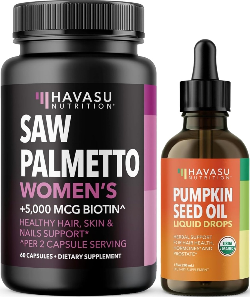 HAVASU NUTRITION USDA 유기 호박 씨앗 오일 드롭 (60 인분) & Women Hair Complex (30 인분)에 대한 팜 토 레