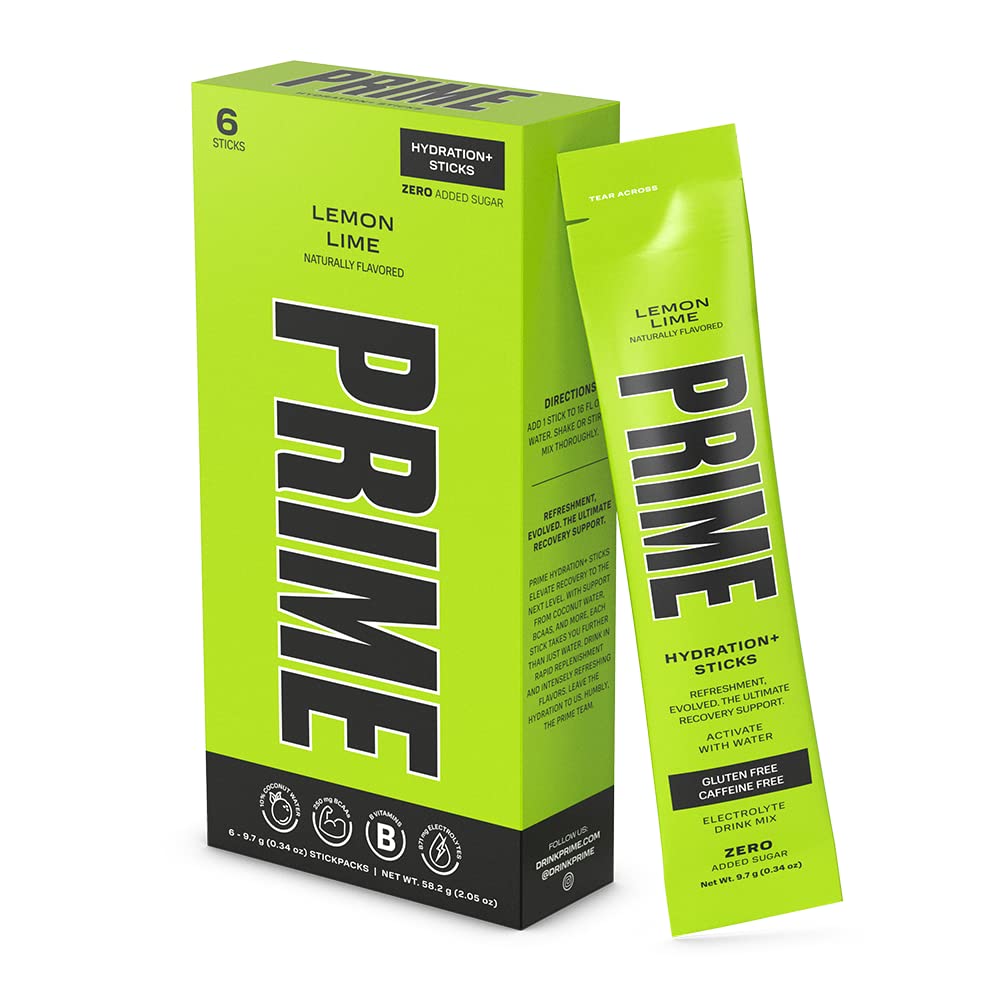 PRIME HYDRATION+ Sticks Lemon Lime | 하이드로션 파우더 싱글 세브 스틱 | 고텐 파우더 | 고텐슈 | 카페인 프리 | Vegan | 6개 스틱
