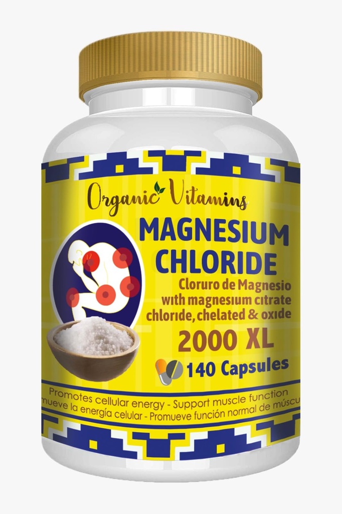 마그네슘 염화물 (cloruro de magnesio) 140 캡슐 - 시트레이트, 킬레이트 및 산화물 높은 효능 Mg와 높은 흡수 마그네슘 보충. 삼키기, 비 GMO에 쉬운