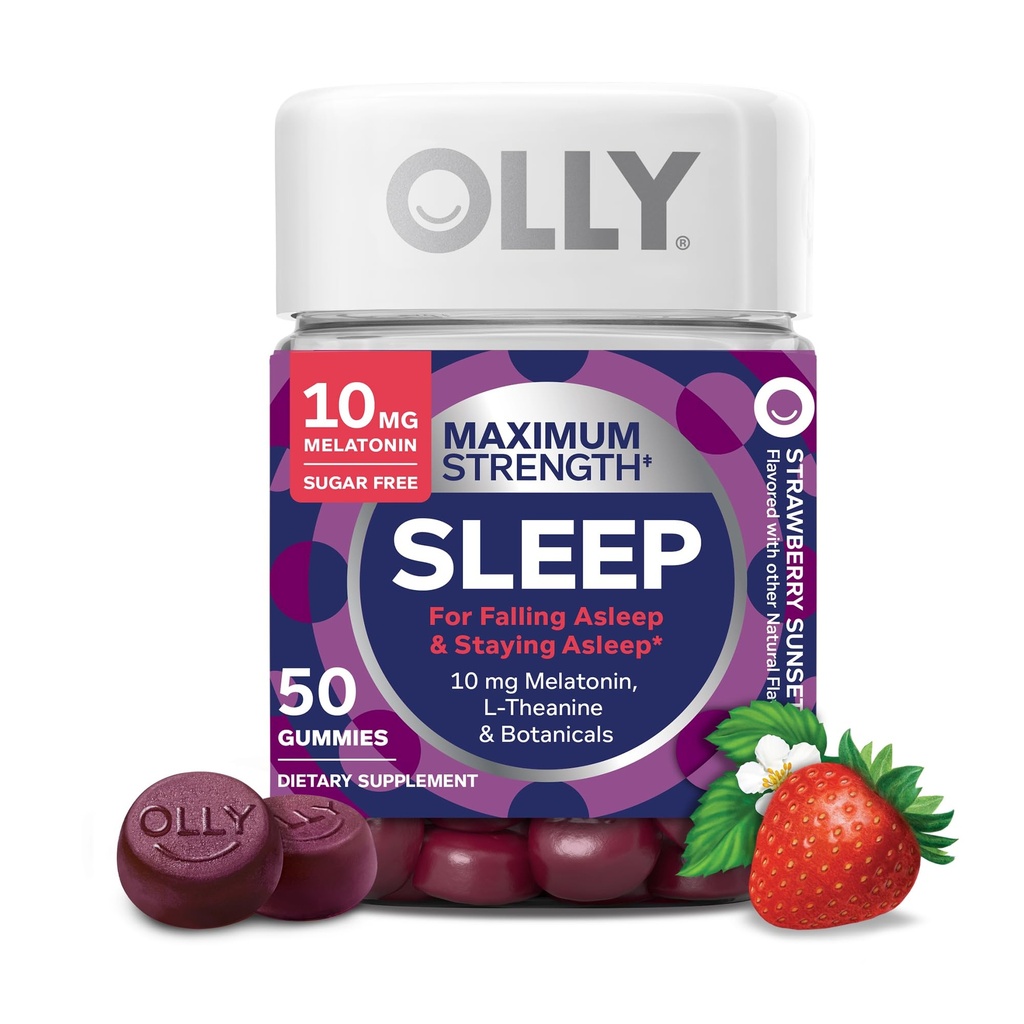 OLLY 최대 강도 수면 거미, 10mg 멜라토닌, L-Theanine, Chamomile, 레몬 발름, 설탕 무료, 채식 수면 보조, 딸기 - 50 개
