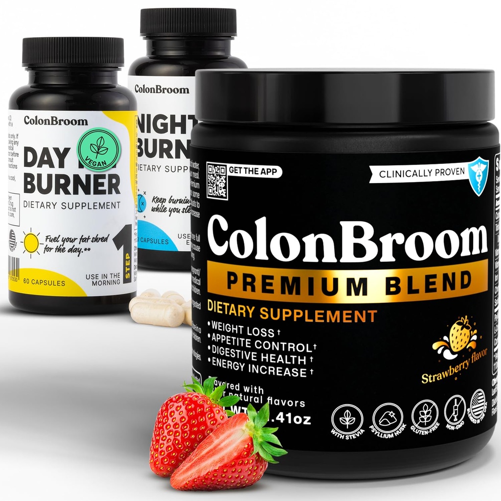 ColonBroom Premium Psyllium Husk Powder, Colon Broom Colon Cleanser Fiber Supplement for Bloating Relief & Gut Health + Day & Night Burner Supplements, 체중 관리 약 (60 인분), 3 항목