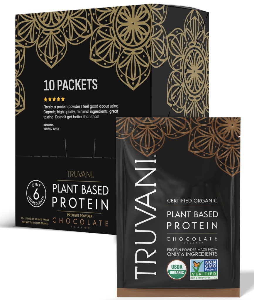 Truvani Vegan Pea Protein Powder | 초콜렛 | 20g 유기농 플랜트별 단백질 | 싱글 서빙 여행용 소포 | 10 인분 | Keto | 글루텐 & 낙농 무료 | 저탄소 | 추가 설탕 없음