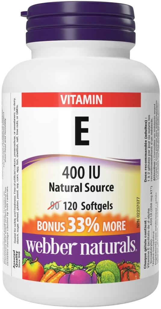 Webber Naturals 비타민 E 천연 소스 Softgel, 400 IU-120 Softgels