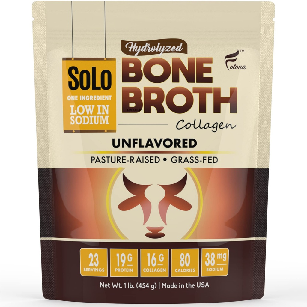 Solo Bone Broth Protein Collagen Powder Low Sodium, 16g Hydrolyzed Collagen Type I & III, 건강한 피부, 손톱, 헤어, 관절 및 소화, 잔디 Fed, 1 lb (Bag - Net Wt. 1 lb. Powder)