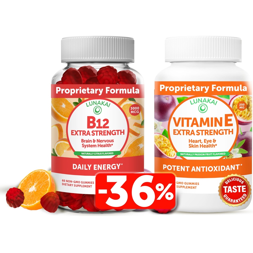Lunakai 비타민 B12와 비타민 E Gummies 뭉치 - 성인 에너지 지원과 뼈 건강을 위한 3000 mcg Gummies - 250 mg 1000 iu 자연적인 VIT E 플러스 C 보충교재