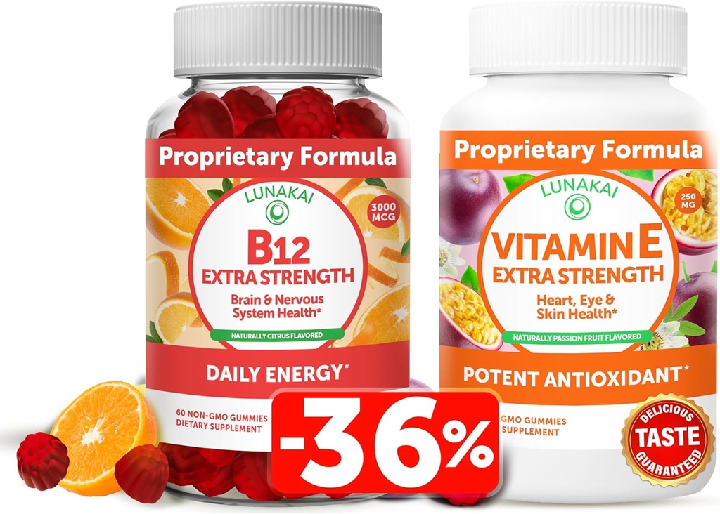 Lunakai 비타민 B12와 비타민 E Gummies 뭉치 - 성인 에너지 지원과 뼈 건강을 위한 3000 mcg Gummies - 250 mg 1000 iu 자연적인 VIT E 플러스 C 보충교재