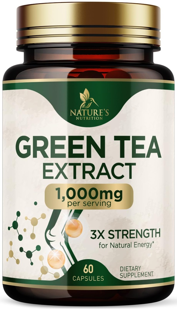 녹차 추출물 캡슐 1000 mg - 표준화 된 45% EGCG 및 98 % 폴리 페놀 - 천연 에너지를위한 3X 강도 녹차 알약 - 심장 건강, 초본 보충, 비 GMO - 60 캡슐을 지원합니다