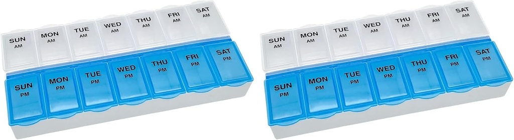 기본 관리 (7-Day) AM/PM 알약 주최자, 비타민 케이스 및 의학 상자, 큰 격실, 2 시간 하루, 파란색 및 명확한 뚜껑 (패키지 2)