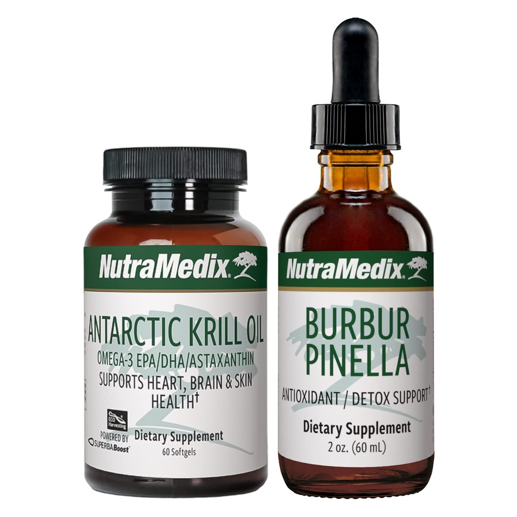 NutraMedix 두뇌 지원 번들 - 인지 건강, 해독 및 두뇌 지원을위한 Artic Krill Oil Softgels 및 Burbur Pinella 액체 드롭 포함 - 2-Piece Supplement Cognitive Support