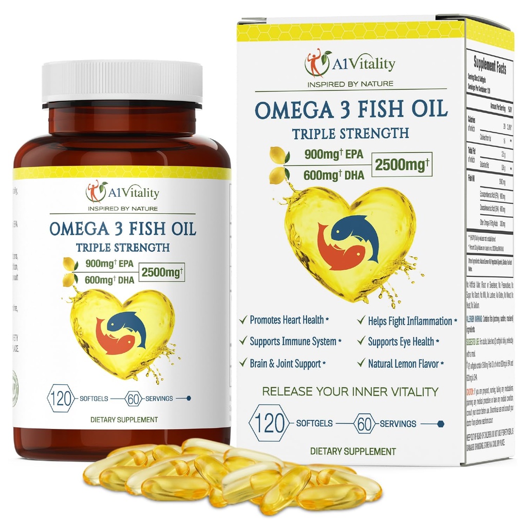 오메가 3 트리플 힘 EPA DHA 보충교재 - 2500mg 레몬 맛있은 Burpless 물고기 기름 - 높은 힘 900mg EPA 600mg DHA는 순환, 뇌, 심장, 눈, 피부, 뼈 & 합동 - 120 Softgels를 지원합니다