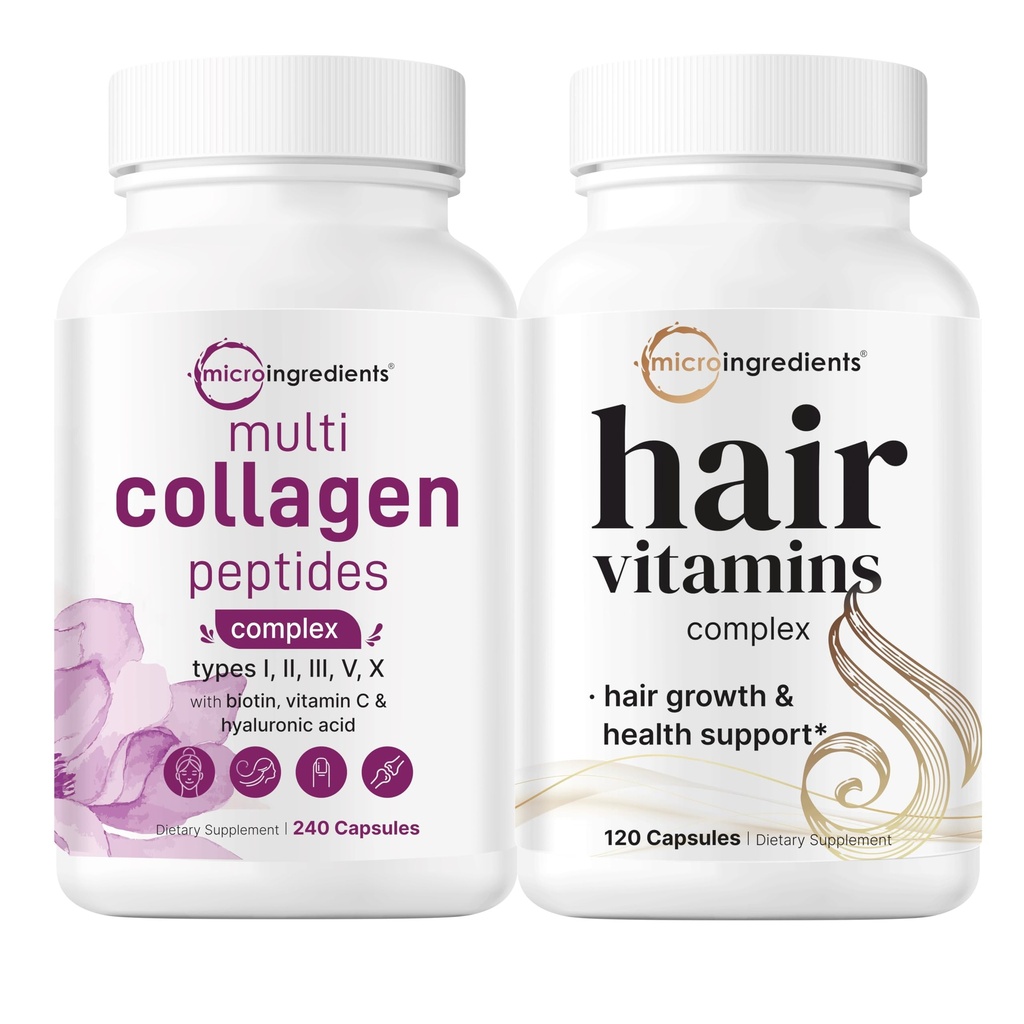 Micro Ingredients 여성용 멀티 콜라겐 컴플렉스 & 헤어 비타민 복합 캡슐 묶음 2 팩 | Grass-Fed Collagen Peptides | 14-in-1 Advanced Hair Growth Support