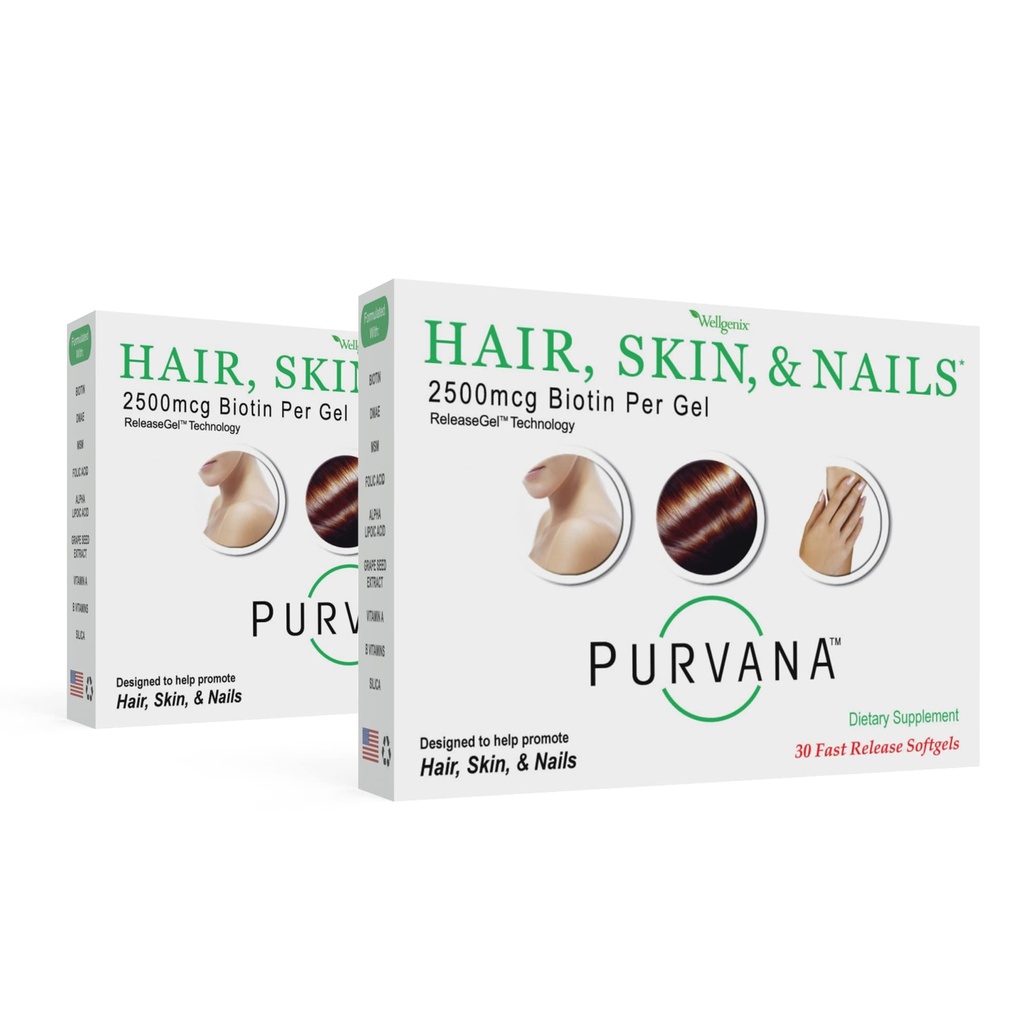 Wellgenix Purvana 머리, 피부, 손톱 비타민 - 높은 흡수를위한 Softgels - 이중 힘 2500mcg Biotin, VIT A & B (30 조사) (2 팩)