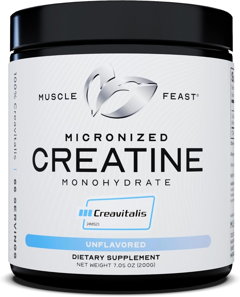 근육 Feast Creavitalis Micronized Creatine Monohydrate 분말 | 프리미엄 사전 운동 또는 포스트 운동 | 믹스, 글루텐 무료, 안전 및 순수, 고저 인증 (200g | 66 서빙), 불난
