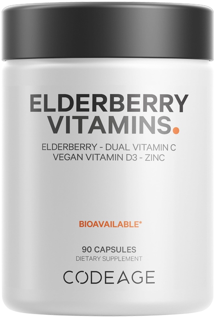 Codeage Elderberry 비타민 - 유기 발효 Elderberry 혼합, 아스코르브산 비타민 C & 유기 Acerola 체리, 비타민 D3, 아연, Sambucus Berries - 90 캡슐