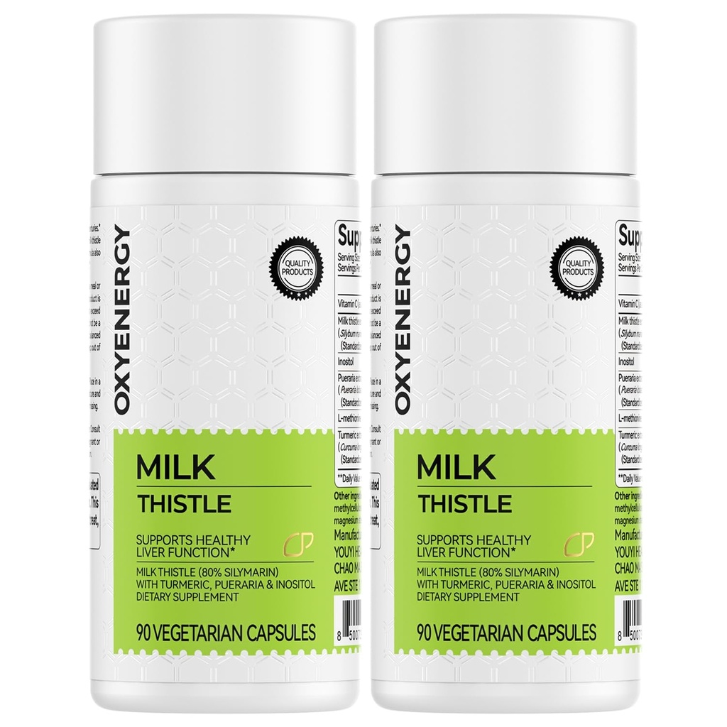 OxyEnergy Silymarin 우유 이틀 300mg 추출물 비타민 C, Inositol & Pueraria, Liver Detox & 수리 지원, 산화 방지제 지원, 90 캡슐, 2 팩