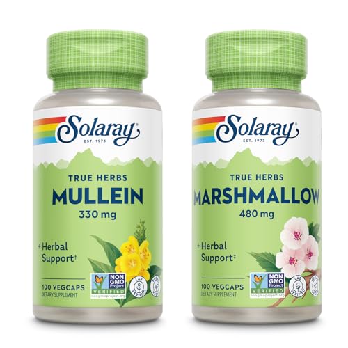 SOLARAY Mullein 잎 330 mg 및 Marshmallow 뿌리 480 mg - 웰빙 번들 - Soothing 지원을위한 Mucilage 수용성 섬유에서 높은 허브 - Vegan, Non-GMO, Lab Verified, 60 일 보증, 200 / 100 VegCaps