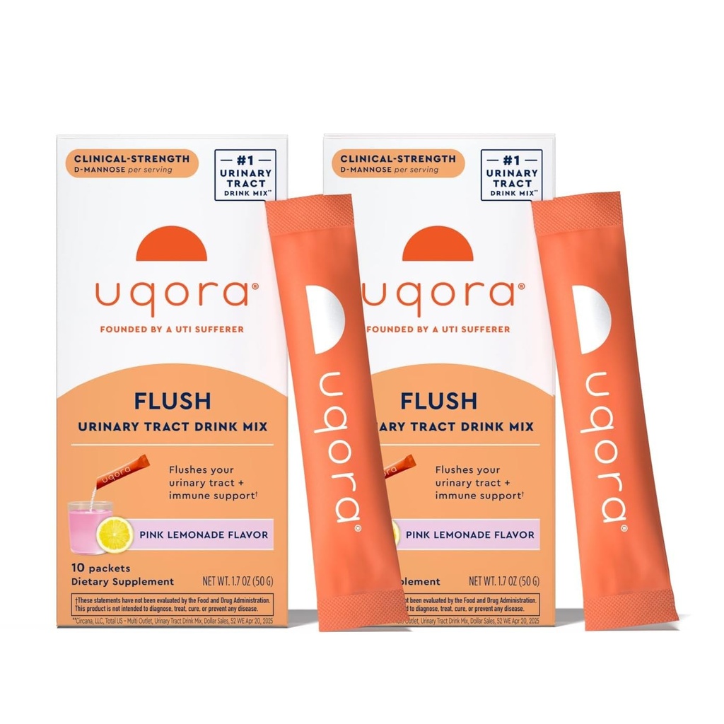 Uqora Flush - D-Mannose, 비타민 C, 비타민 B6, 칼륨, 마그네슘 및 칼슘 - 글루텐 프리 & Vegan - 핑크 레몬 맛 - 20 패킷 (2 팩)