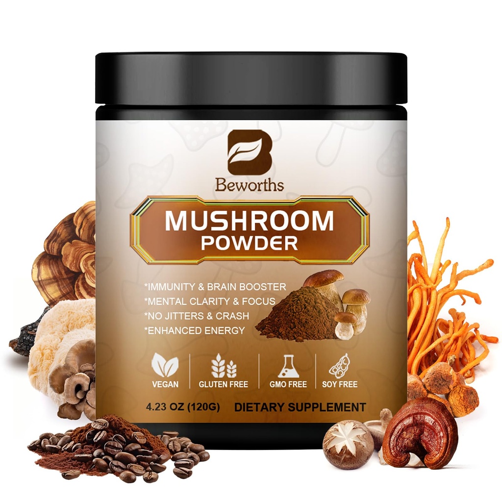 버섯 커피 - 사자 Mane 버섯 분말 즉시 커피 - 사자 Mane, Reishi, Chaga, Cordyceps 및 터키 꼬리 - 에너지, 정신 Clarity & Focus, Brain Booster에 대한 버섯 Coffe 대안