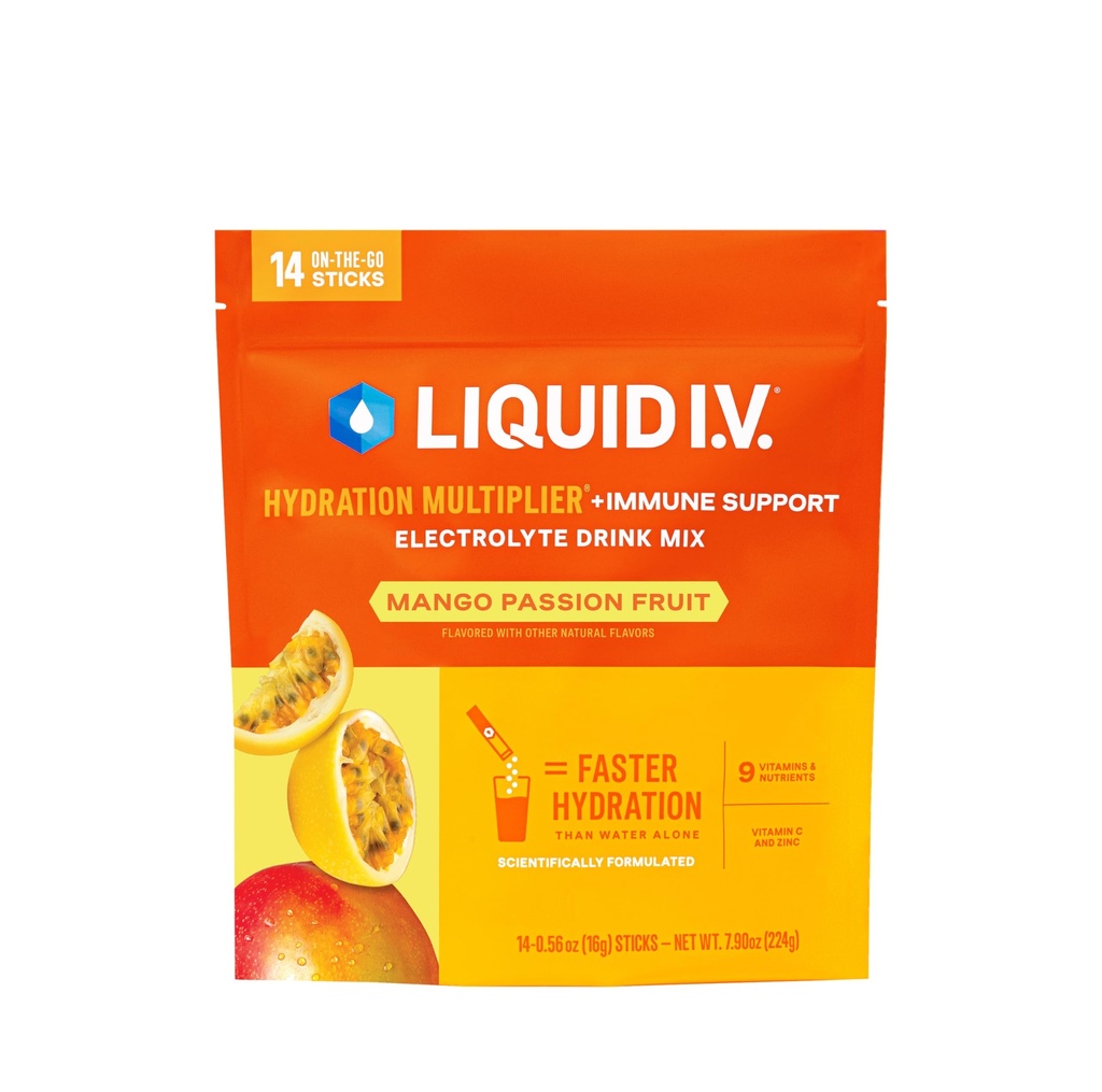 Liquid I.V.® Hydration Multiplier +Immune support - Mango Passionfruit | 전자 분말 음료 혼합 | 1 팩 (14 인분)